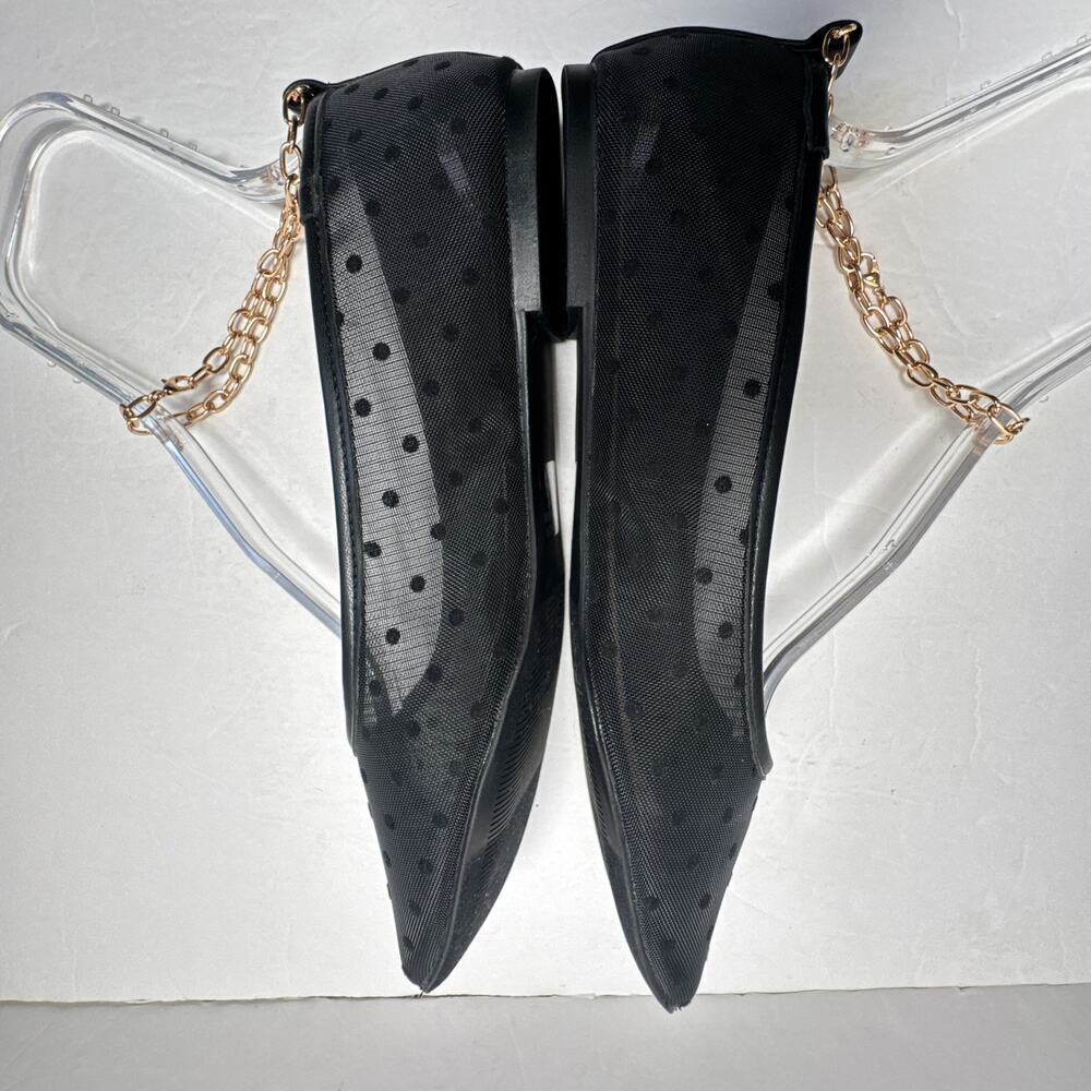 LOFT Black Dotted Mesh Ballet Flats Gold Chain Ankle Strap Women’s 11M - Picture 8 of 12